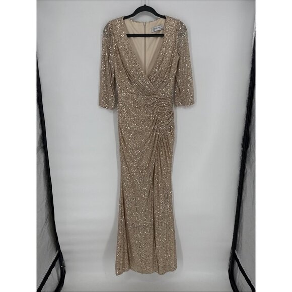 Mac Duggal Size 2 Gold SEQUINED DRAPED 3/4 SLEEVE Formal GOWN Dress New Prom - Picture 4 of 10